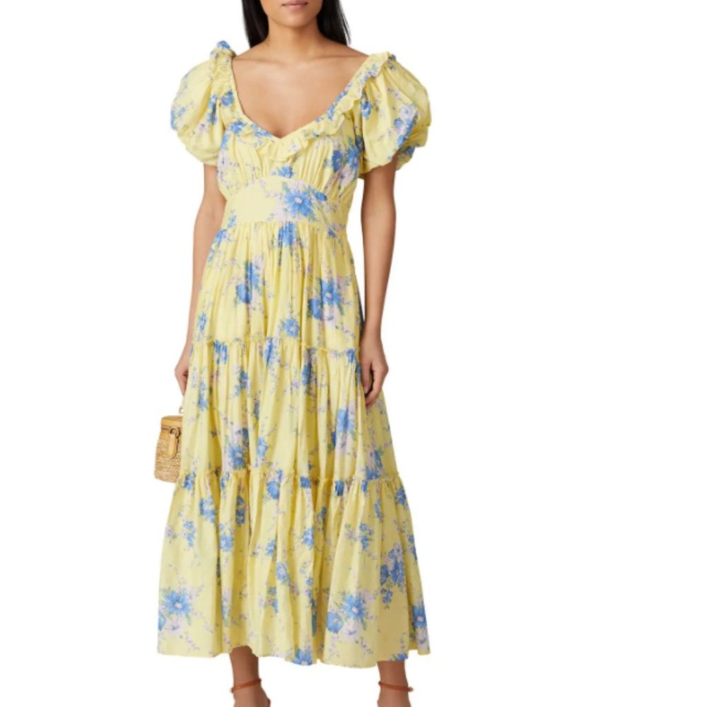 LoveShackFancy Emory Dress Yellow Blue Floral maxi dress.